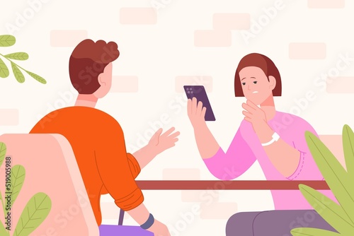 Ignoring relationship. Couples conflict bad date family relationships, upset woman with phone ignore offended boyfriend, quarrel wife and husband vector illustration