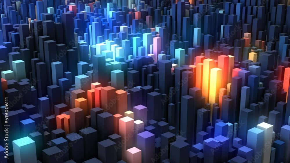 Animated neon background. Randomly moving puzzle, mosaic. 3d rendering. Rectangles of  musical wave surface. Mechanical pistons. Fire and ice. Screensaver for games, presentations, business, intro. 4k