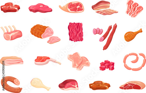 Cartoon meat variety. Pork and beef delicatessen for cooking lomo gourmet foods sausage clipart ham chicken pepperoni fresh wurst raw steak bbq bacon slice, set vector illustration