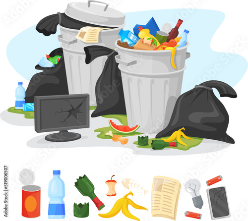 Unsorted trash dumpster. Overflowing garbage bucket, pile city rubbish bags cans, litter heap, cartoon dirty metal bin overflow rotting food plastic waste, neat vector illustration