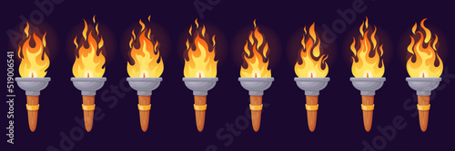 Torch animation. Animated fire brand, flame old candle or medieval bonfire beach pillar, cartoon spark flames 2d sequence loop magic light burning effect, neat vector illustration