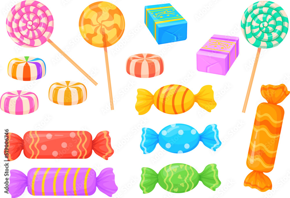 Cartoon wrapped candy. Caramel bonbon sweet lollipops snacks chocolate and fruit sweets for kids, tasty sugar confectioner childish dessert food birthday, neat vector illustration - obrazy, fototapety, plakaty 