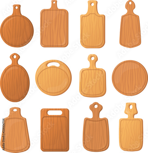 Wooden pizza board. Empty wood chopping boards with handles, round plank tray for cutting food hardboard kitchen plate cut chop cooking products, cartoon neat vector illustration