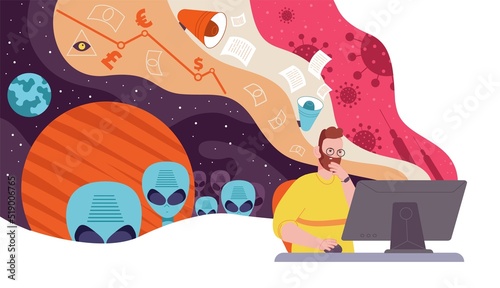 Conspiracy ideas. Concerned man at computer think disinformation false ideas, vaccine covid ufo alien secret community information war bargain contract splendid vector illustration