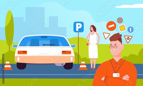 Annoyed auto instructor. Annoying driver student and sad teacher driving lessons on test drive natural road traffic, training drivers laws car rules, splendid vector illustration