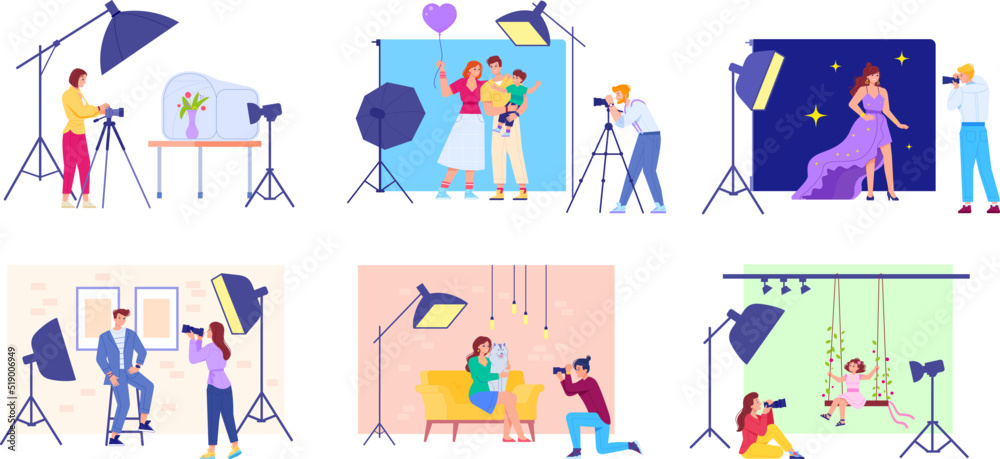 Photo studio session. Professional photoshoot fashion models or family photography, beauty model posing on photographer camera, photographic art modelism swanky vector illustration