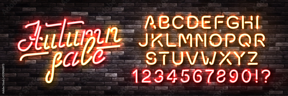 Vector realistic isolated neon sign of Autumn Sale logo with easy to change color alphabet font on the wall background. Vector realistic isolated neon sign of Autumn Sale logo with easy to change color alphabet font on the wall background.