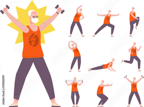 Seniors man exercise. Pensioner sport exercises gym, active aged grandpa fitness training healthy old athlete doing aerobics activity fresh grandfather splendid vector illustration