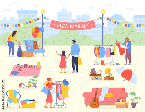 Shoppers on flea market. Outdoor bazaar seller, garage shop second hand jewelry swap used vintage clothes, street sale secondhand fair household product