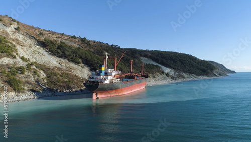 Sunny landscape with moored tanker vessel ship near the slope covered with green pine trees on blue sky background. Shot. Aerial of big, red barge near river shore with people walking in a sunny day.