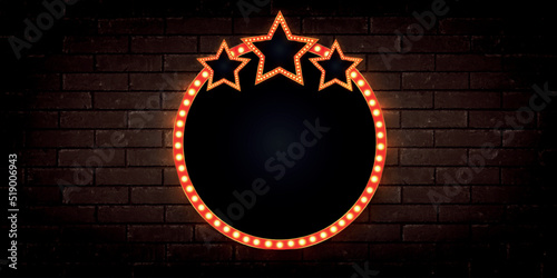 Vector realistic isolated red lightbox marquee frame with stars with neon bulb lamps for template decoration on the wall background. Concept of cinema and theatre.
