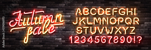 Vector realistic isolated neon sign of Autumn Sale logo with easy to change color alphabet font on the wall background.