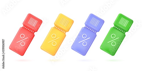 3d ticketshop coupon. Color voucher coupons ticket mockup, render evoucher low percentage free paper gift certificate tag cinema shop discount price design tidy vector illustration