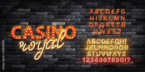 Vector realistic isolated retro marquee billboard with electric light lamps of Casino Royal logo with alphabet font on the wall background.