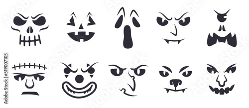 Halloween faces stencil. Ghostly freak face carving for pumpkin lantern, creepy eyes evil vampire dracula or goblin smile ghoul silhouette template, ingenious vector illustration