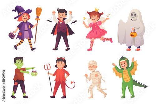 Halloween child costumed carnival. Kid halloweek dress up costumes party boys girls friend playing trick or treat in monster mask ghost witch vampire, ingenious vector illustration