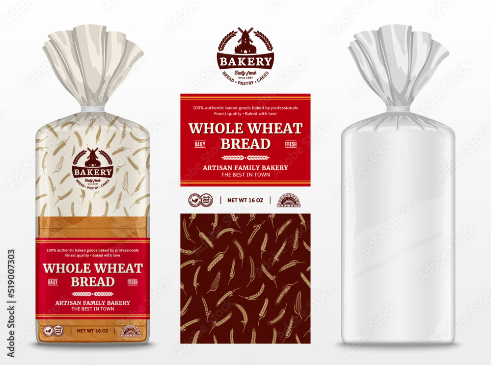 Vector bread package design. Transparent plastic bag package mockup