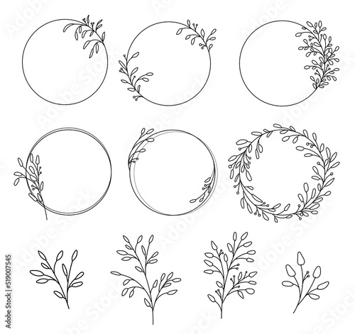 Decorative round floral frames hand drawn. Vintage laurel wreath