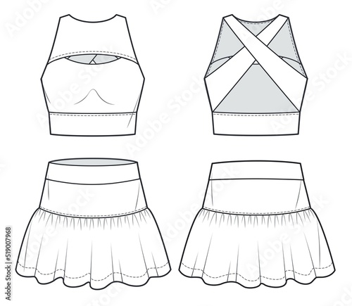 Girl's Sports Bra, Mini Skirt fashion flat template. Crop Top, Ruffle Skirt fashion technical drawing template.  Women`s Sportswear Skirt and Top fashion CAD mockup, set.