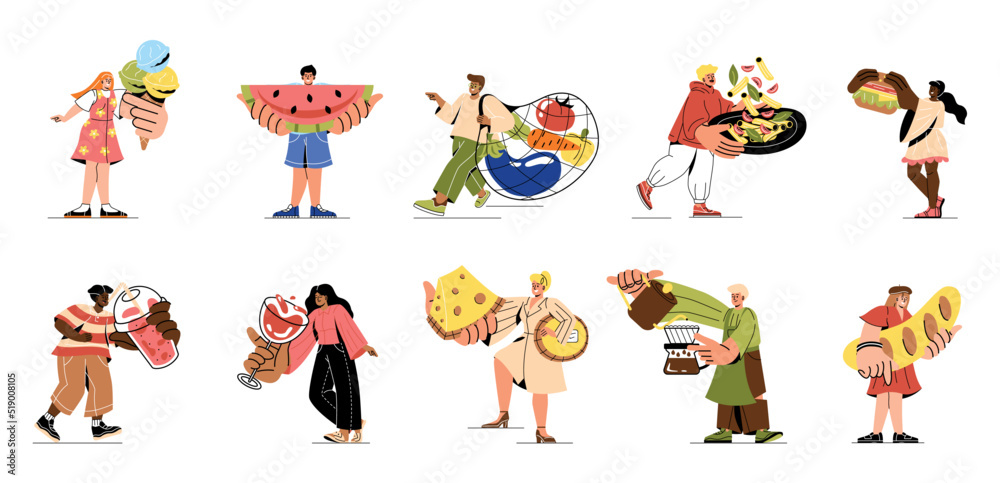 Set of People with food. Men and women eat organic food, hold watermelon, ice cream, cheese and bread. Barista pours coffee. Healthy diet. Cartoon flat vector collection isolated on white background