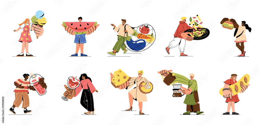Set of People with food. Men and women eat organic food, hold watermelon, ice cream, cheese and bread. Barista pours coffee. Healthy diet. Cartoon flat vector collection isolated on white background Set of People with food. Men and women eat organic food, hold watermelon, ice cream, cheese and bread. Barista pours coffee. Healthy diet. Cartoon flat vector collection isolated on white background