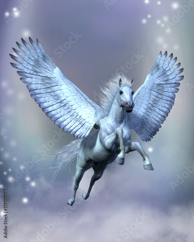 White Pegasus Fantasy - Legendary white Pegasus flies among stars and fluffy clouds on sturdy wings.