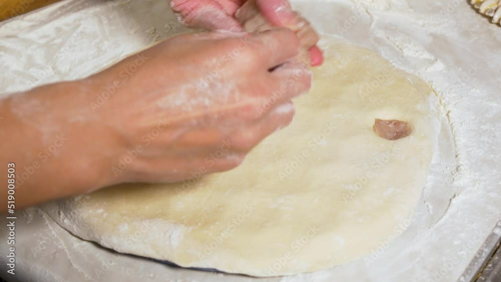 A woman sculpts dumplings using a plastic mold. The girl puts minced meat into the cells of the form for making dumplings. Close-up, selective focus. A woman sculpts dumplings using a plastic mold. The girl puts minced meat into the cells of the form for making dumplings. Close-up, selective focus.