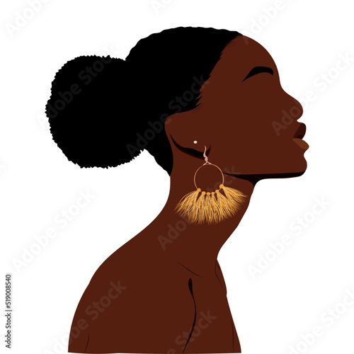 curly afro hair, african woman portrait, dark skin female profile with ethnic traditional afro curly hair, earrings cartoon style, hairstyle concept, vector isolated or white background
