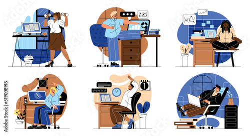 Practicing workout at workplace. Set of office workers doing physical exercise, yoga and stretching on break. Healthy lifestyle of employee. Cartoon flat vector collection isolated on white background