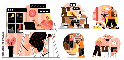 Process of online order. Set of steps or algorithm from making purchase on Internet to delivering goods. Receiving parcel and unpacking. Cartoon flat vector collection isolated on white background