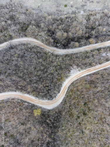 Top-down view of two roads in the middle of a forest