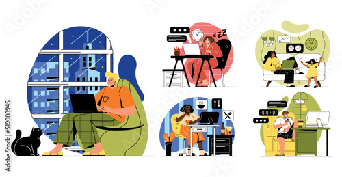 Set of Remote work disadvantages. Male and female freelancers distracted by children and social media, overeat, work late at night, and experience stress of being alone. Cartoon flat vector collection