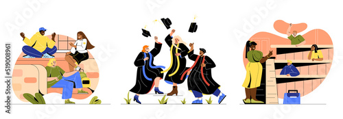 Set of student life scenes. Boys and girls study at university, listen to lecture and communicate. Graduates throw caps. Education and training. Cartoon flat vector collection isolated on white