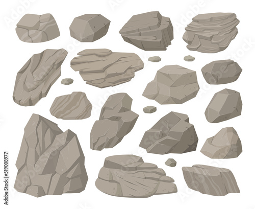 Rock stones, cartoon rocks pebble pile and gray stones. Granite stones heap, gravel and mountain rocks pieces vector symbols illustration set. Natural texture granite stones collection