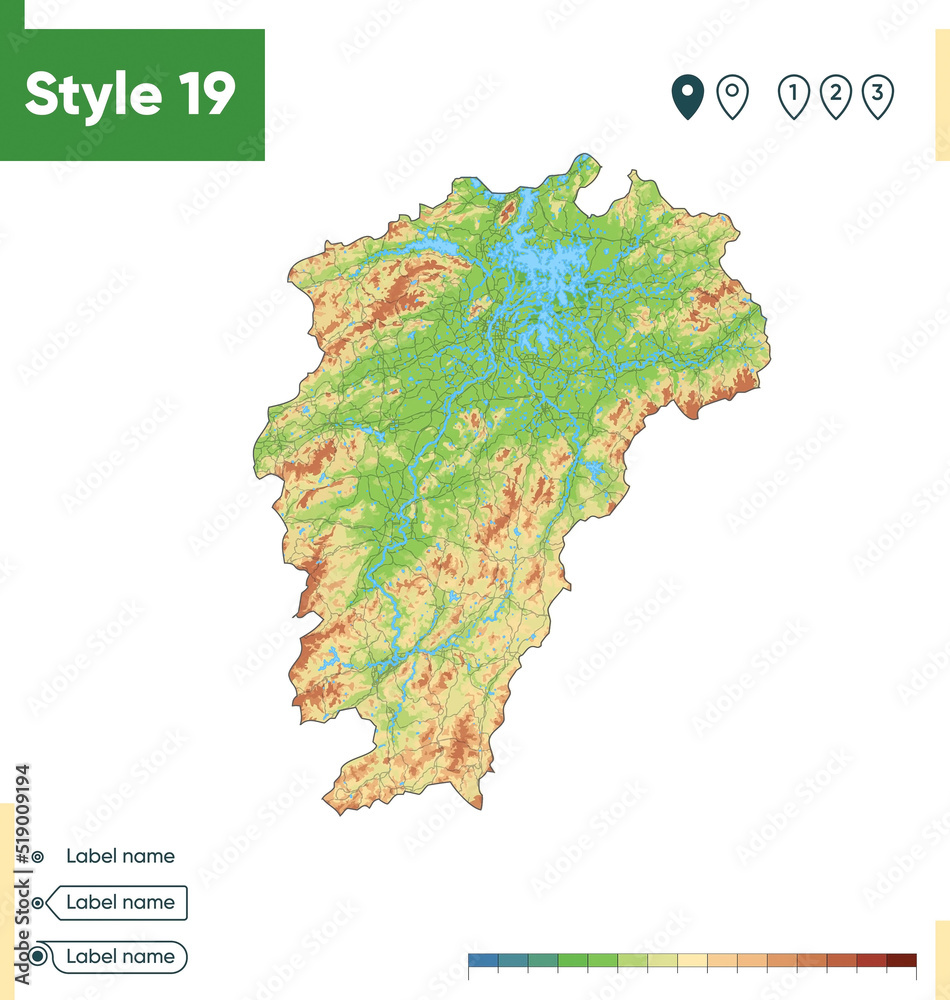 Obraz premium Jiangxi, China - high detailed physical map. Vector map. Dem map.