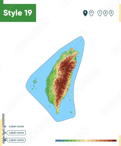 Taiwan, China - high detailed physical map. Vector map. Dem map.