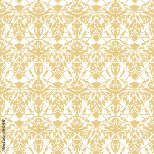 Stylised ornamental seamless vector honey bee pattern in yellow on white. Abstract geometric  insect background with regularly repeating texture for home decor and wallpaper.