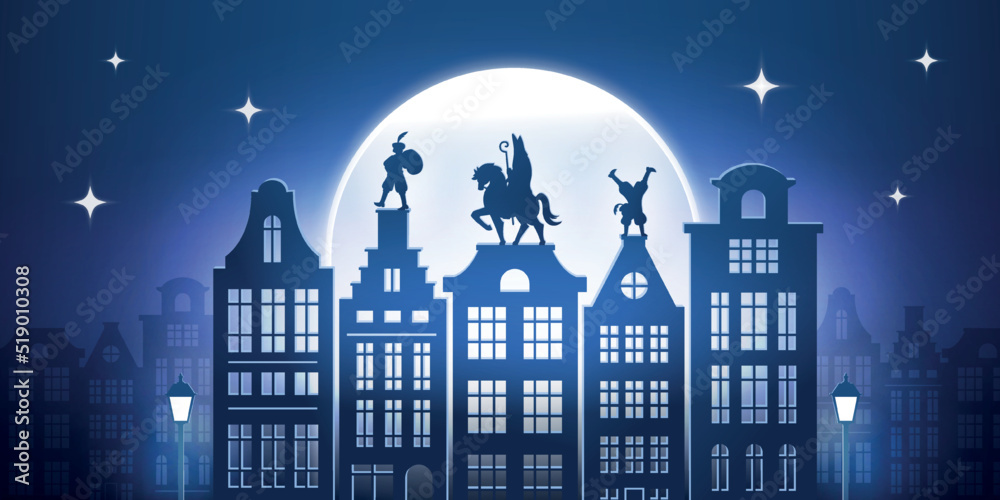 Happy Sinterklaas day. Silhouette of Saint Nicholas on background of moon and city buildings. Greeting card for Dutch holiday celebration. Design element for website. Cartoon flat vector illustration