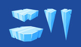 Set Of Ice Cubes And Crystals, Blue Frozen Blocks, Stalactites, Icicles, Iceberg, Iced Floes Or Cave Stalagmite Elements