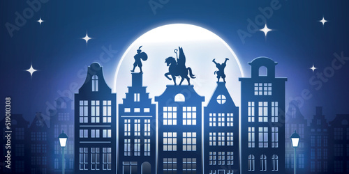 Happy Sinterklaas day. Silhouette of Saint Nicholas on background of moon and city buildings. Greeting card for Dutch holiday celebration. Design element for website. Cartoon flat vector illustration photo