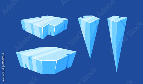Set Of Ice Cubes And Crystals, Blue Frozen Blocks, Stalactites, Icicles, Iceberg, Iced Floes Or Cave Stalagmite Elements