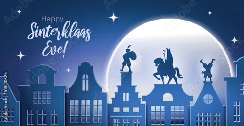 Happy Sinterklaas day. Saint Nicholas on horse walks on roofs of city buildings at night. Silhouette against backdrop of moonlight. Celebration Dutch holidays. Cartoon flat vector illustration photo