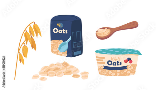 Set Oatmeal Breakfast, Yoghurt With Granola In Plastic Jar, Spoon With Porridge, Plant Stem With Grains, Muesli Flakes