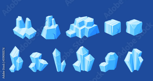 Set Of Frozen Ice Berg Pieces Design Elements. Floe Blocks, Floating Iceberg, Blue Winter Iced Lumps, Crystals