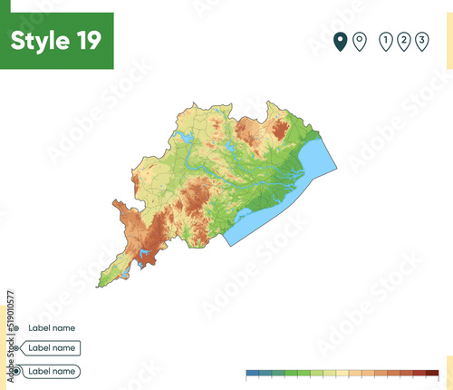 Odisha, India - high detailed physical map. Vector map. Dem map.