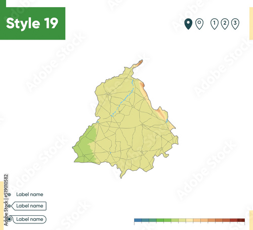 Punjab, India - high detailed physical map. Vector map. Dem map.