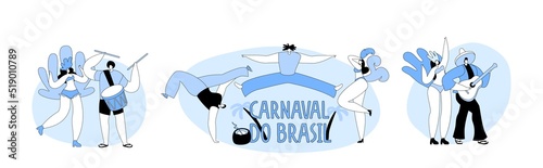 Rio Carnival Musicians, Dancers, Artists and Capoeira Fighters Perform Show. Isolated Young Men Playing Drums and Guitar