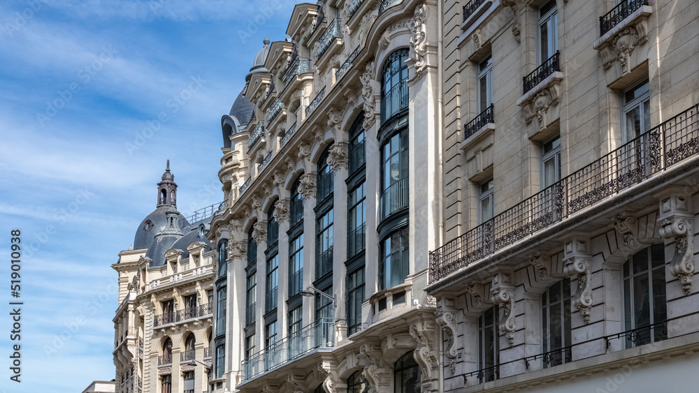 Paris, typical facade and windows, beautiful building rue Reaumur
