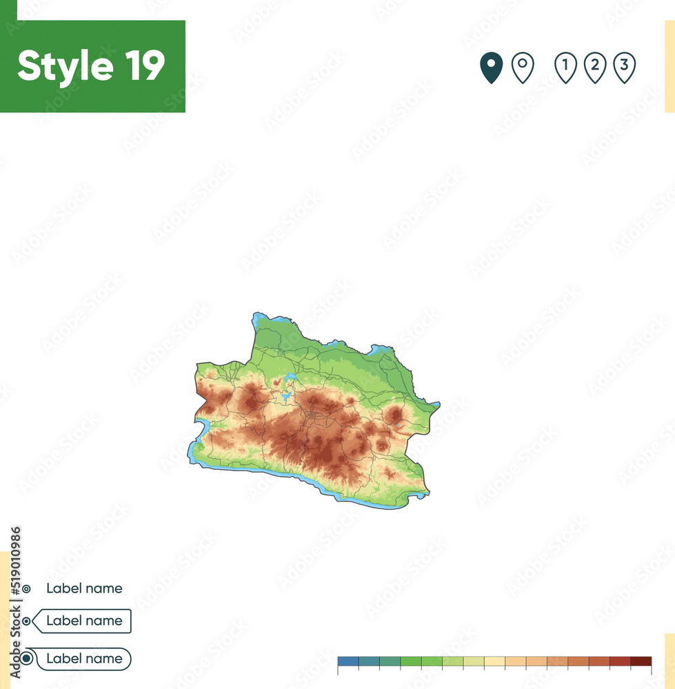 West Java, Indonesia - high detailed physical map. Vector map. Dem map ...