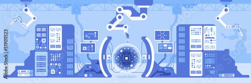 Technology and science for industry development. Flat color vector illustration. High tech in manufacture. Modern technological 2D simple cartoon object in plant interior with machinery on background